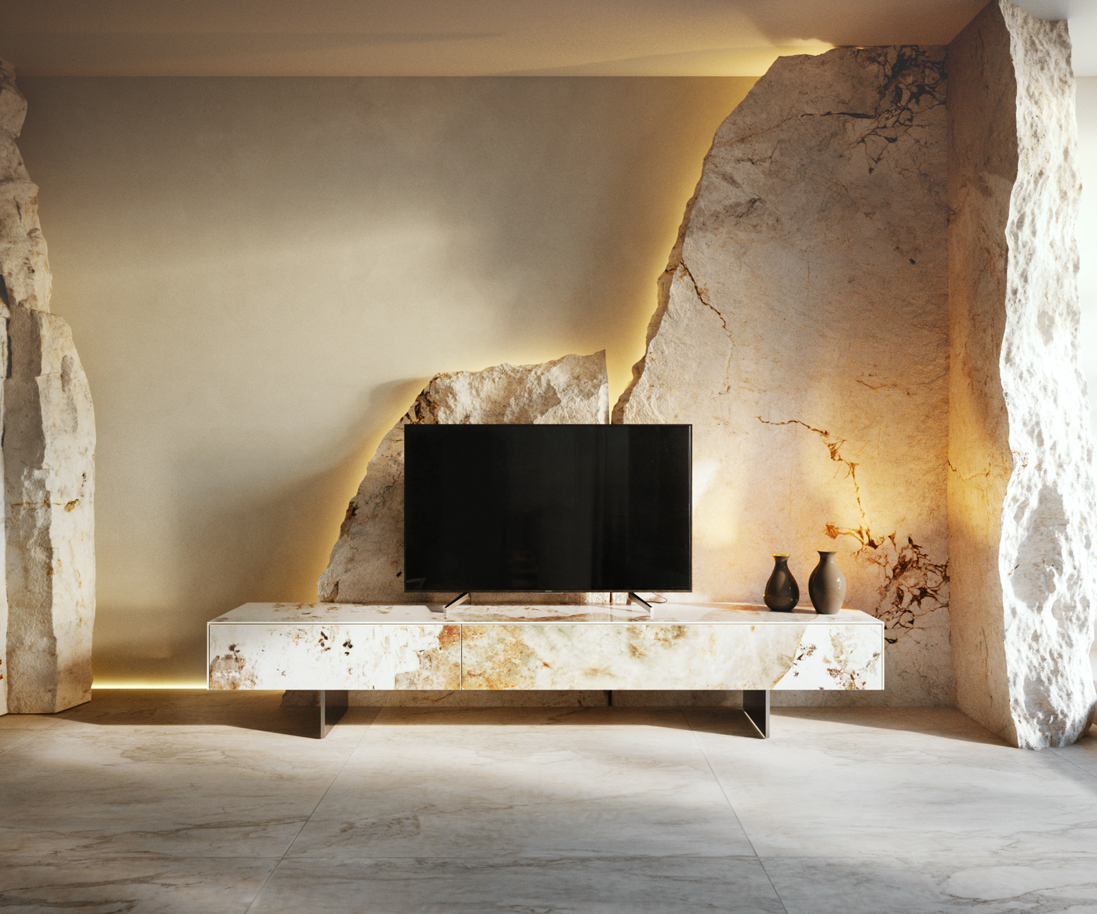 TV stolík Cuor 200 cm keramika Minas Melange bielo-béžová 1 výklopné dvierka 1 zásuvka podstava závesná nerezová oceľ