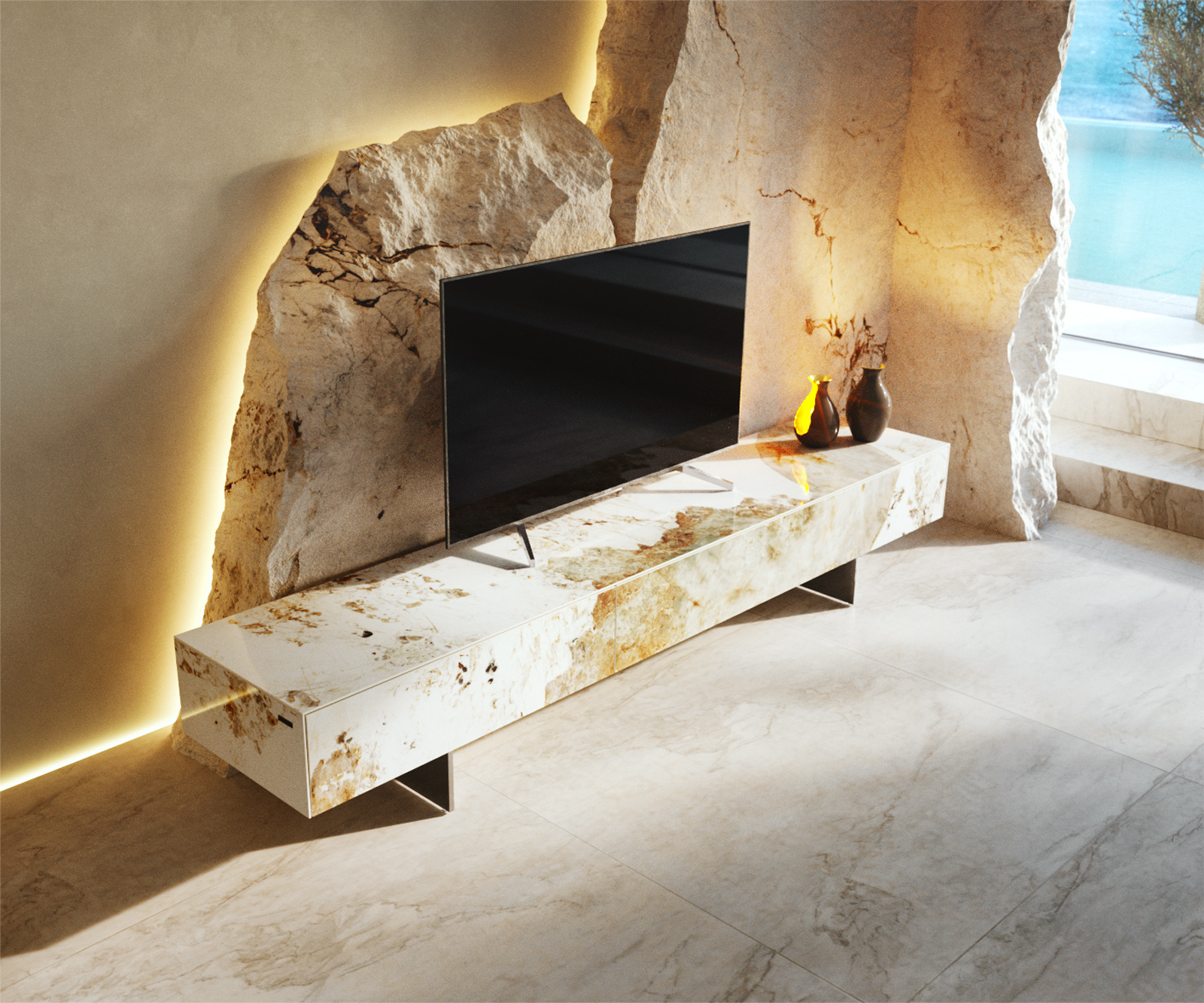 TV stolík Cuor 200 cm keramika Minas Melange bielo-béžová 1 výklopné dvierka 1 zásuvka podstava závesná nerezová oceľ - Image 4