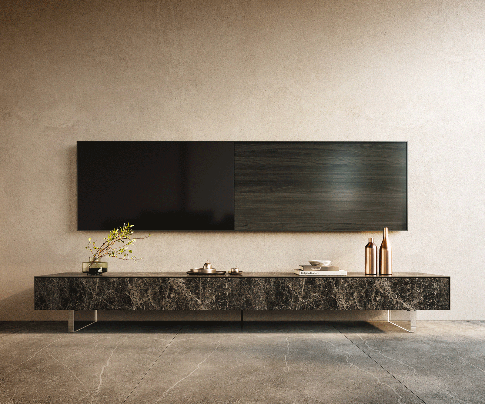 TV stolík Cuor 250 cm keramika Laminam® Emperador Extra Lucidato tmavohnedá 1 výklopné dvierka 1 zásuvka podstava závesná akrylové sklo - Image 2