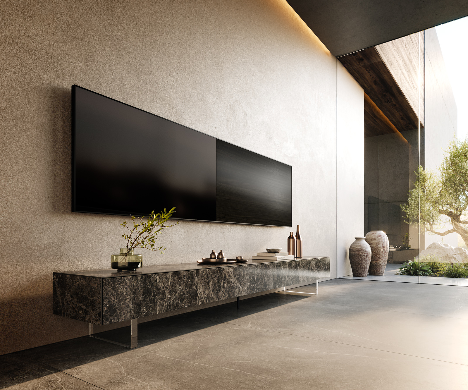 TV stolík Cuor 250 cm keramika Laminam® Emperador Extra Lucidato tmavohnedá 1 výklopné dvierka 1 zásuvka podstava závesná akrylové sklo