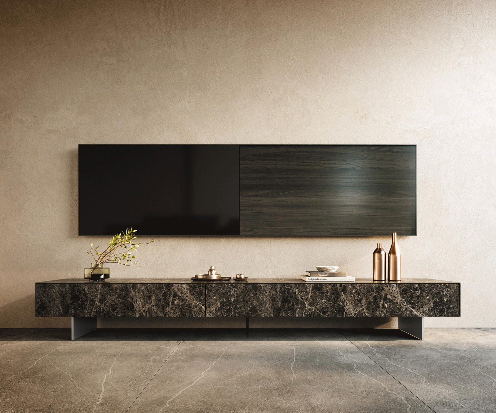 TV stolík Cuor 250 cm keramika Laminam® Emperador Extra Lucidato tmavohnedá 1 výklopné dvierka 1 zásuvka podstava závesná nerezová oceľ - Image 2