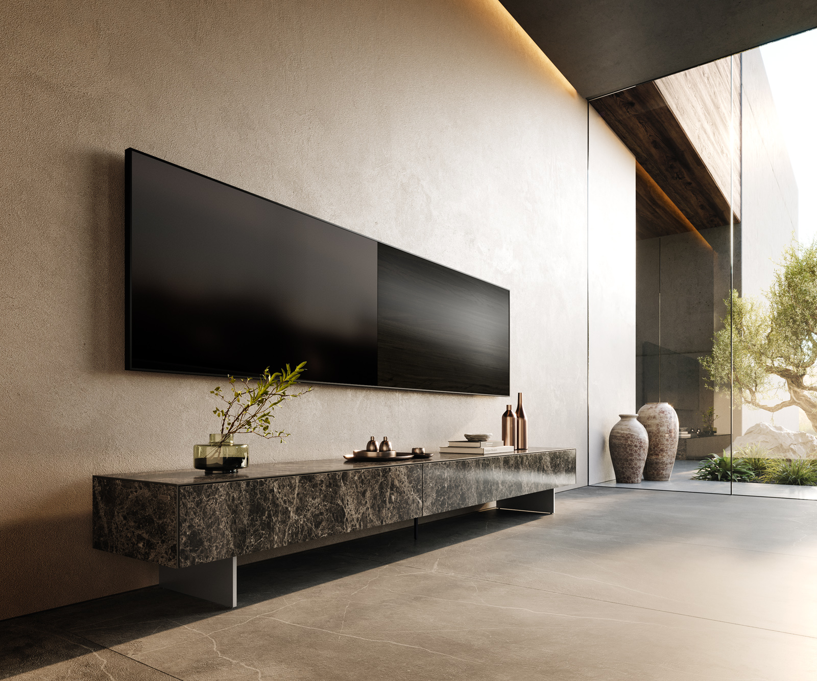 TV stolík Cuor 250 cm keramika Laminam® Emperador Extra Lucidato tmavohnedá 1 výklopné dvierka 1 zásuvka podstava závesná nerezová oceľ