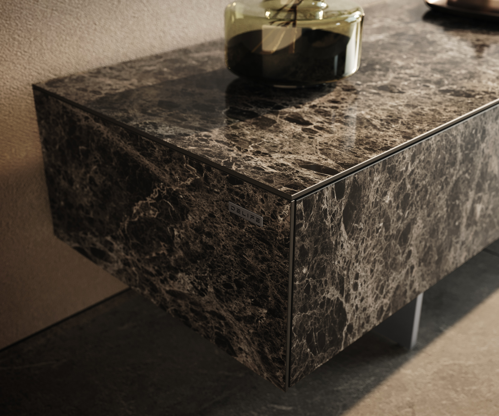 TV stolík Cuor 250 cm keramika Laminam® Emperador Extra Lucidato tmavohnedá 1 výklopné dvierka 1 zásuvka podstava závesná nerezová oceľ - Image 6