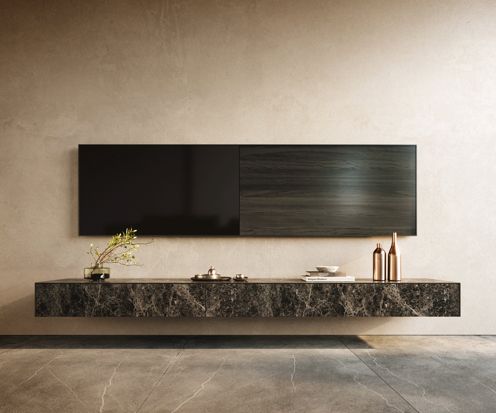 TV stolík Cuor 250 cm keramika emperador extra leštená tmavohnedá 1 výklopné dvierka 1 zásuvka závesné - Image 2