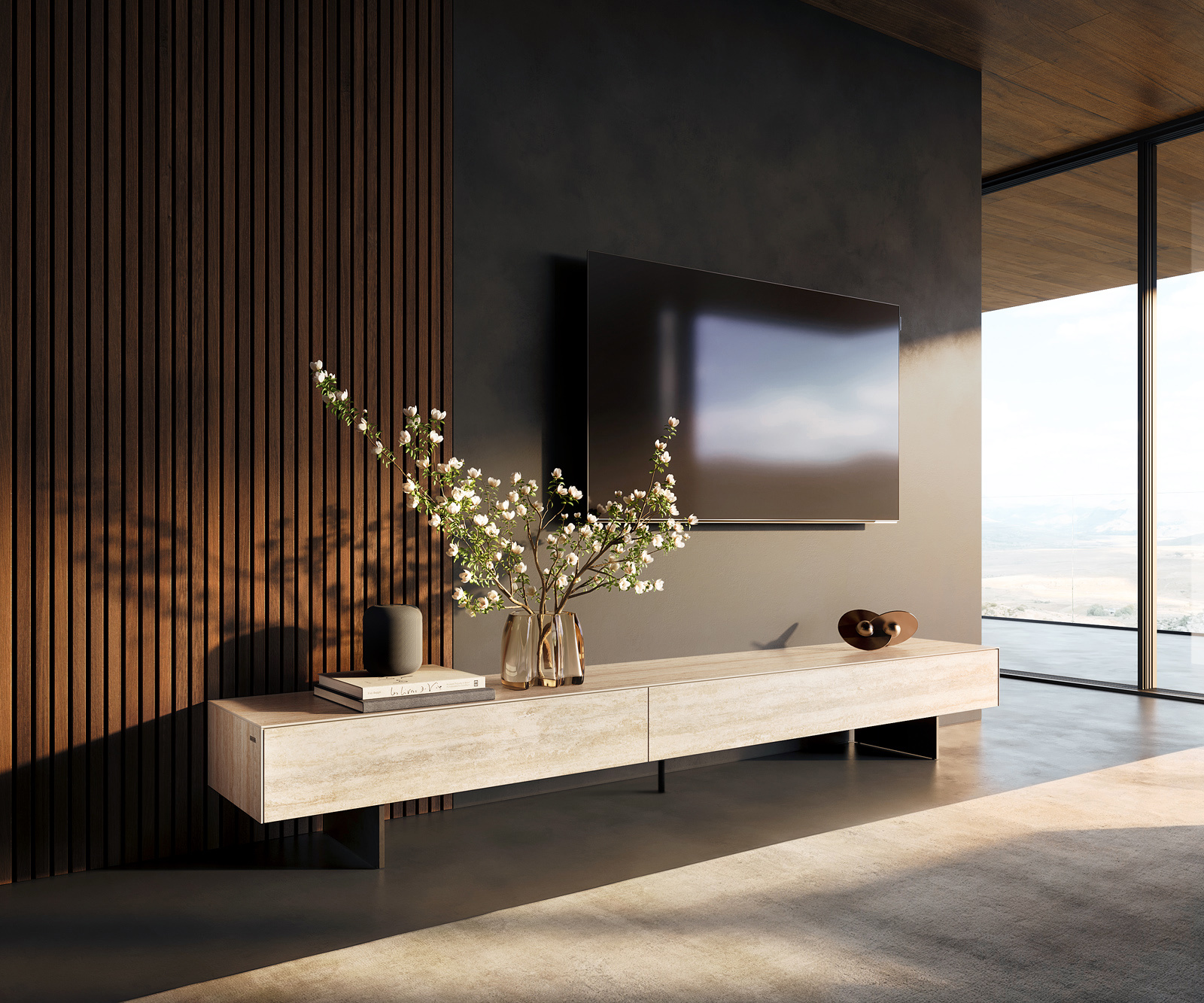 TV stolík Cuor 250 cm keramika Laminam® Travertino Bianco krémovo biela 1 výklopné dvierka 1 zásuvka podstava závesná kov čierna