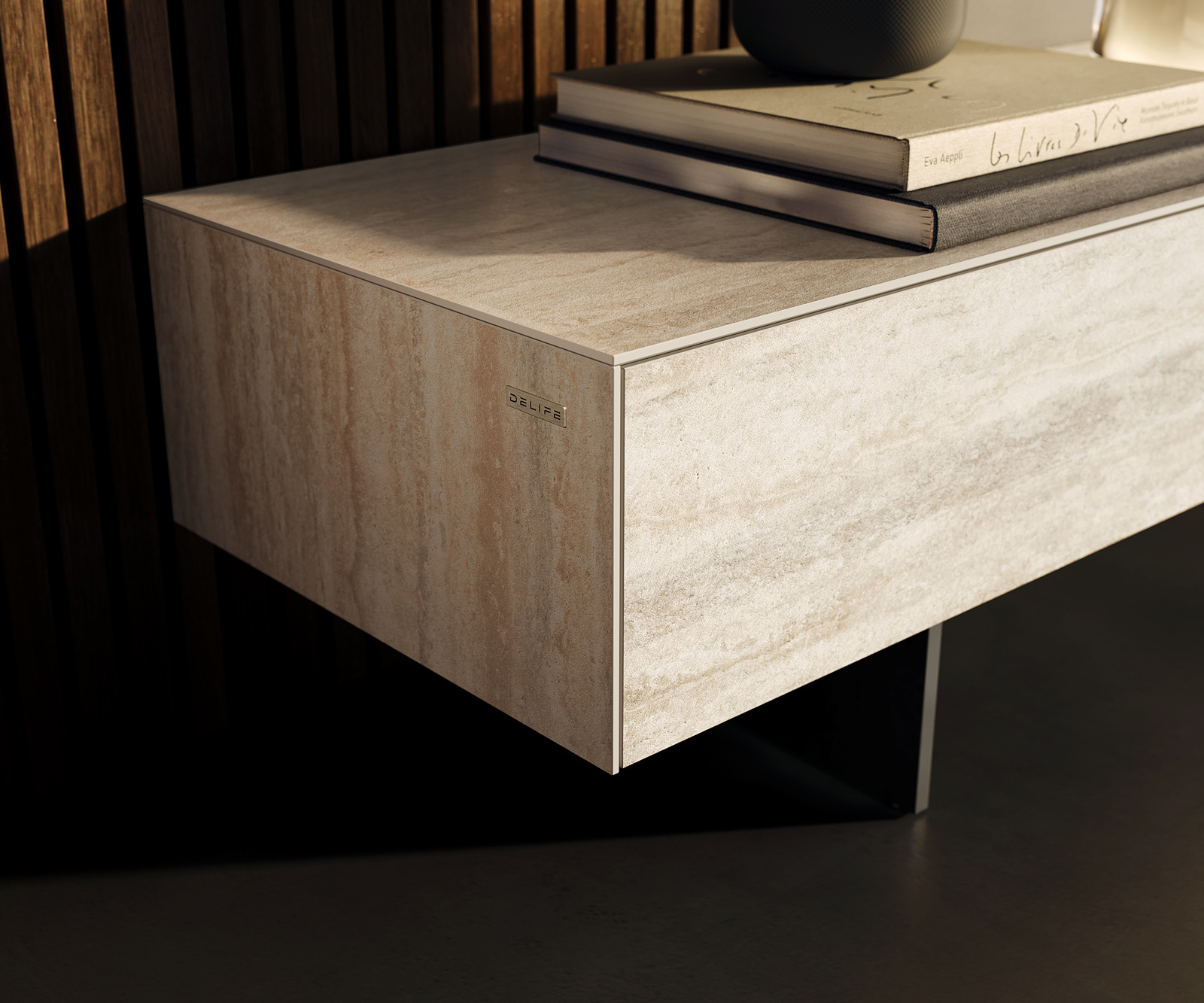 TV stolík Cuor 250 cm keramika Laminam® Travertino Bianco krémovo biela 1 výklopné dvierka 1 zásuvka podstava závesná kov čierna - Image 6