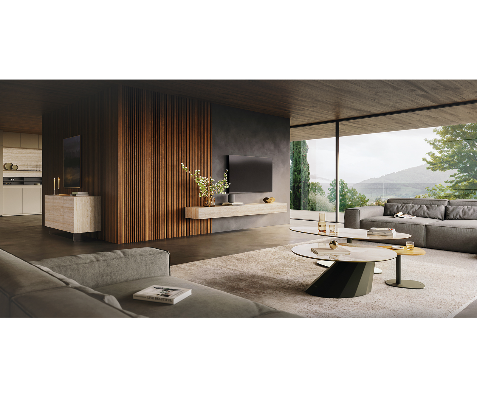 TV stolík Cuor 250 cm keramika Laminam® Travertino Bianco krémovo biela 1 výklopné dvierka 1 zásuvka podstava závesná kov čierna - Image 7