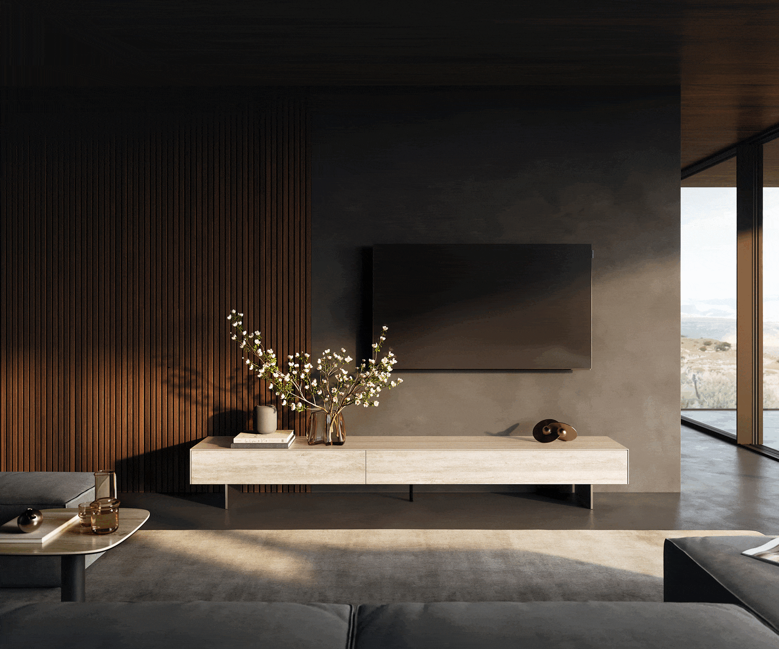 TV stolík Cuor 250 cm keramika Laminam® Travertino Bianco krémovo biela 1 výklopné dvierka 1 zásuvka podstava závesná nerezová oceľ - Image 2