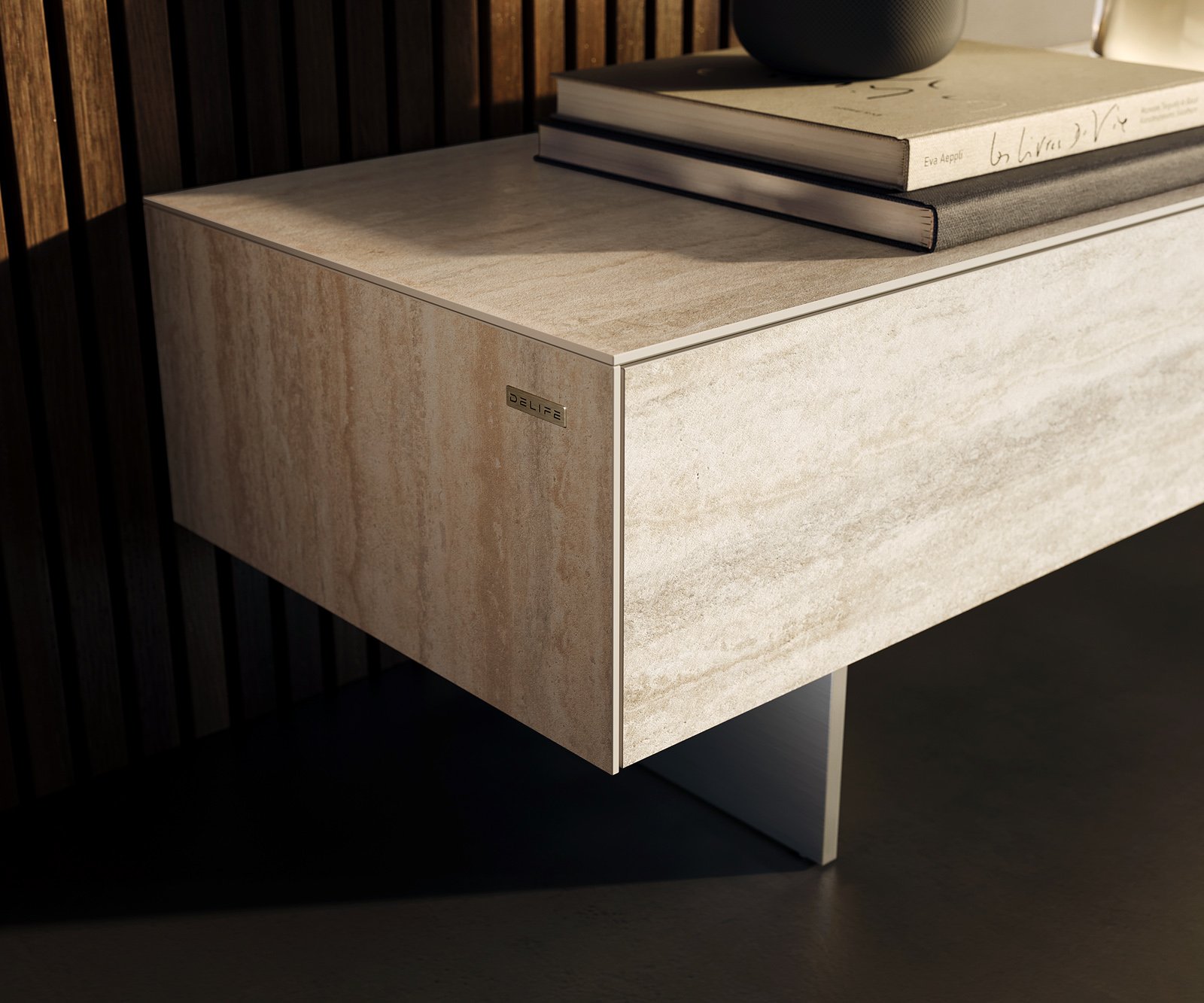 TV stolík Cuor 250 cm keramika Laminam® Travertino Bianco krémovo biela 1 výklopné dvierka 1 zásuvka podstava závesná nerezová oceľ - Image 6