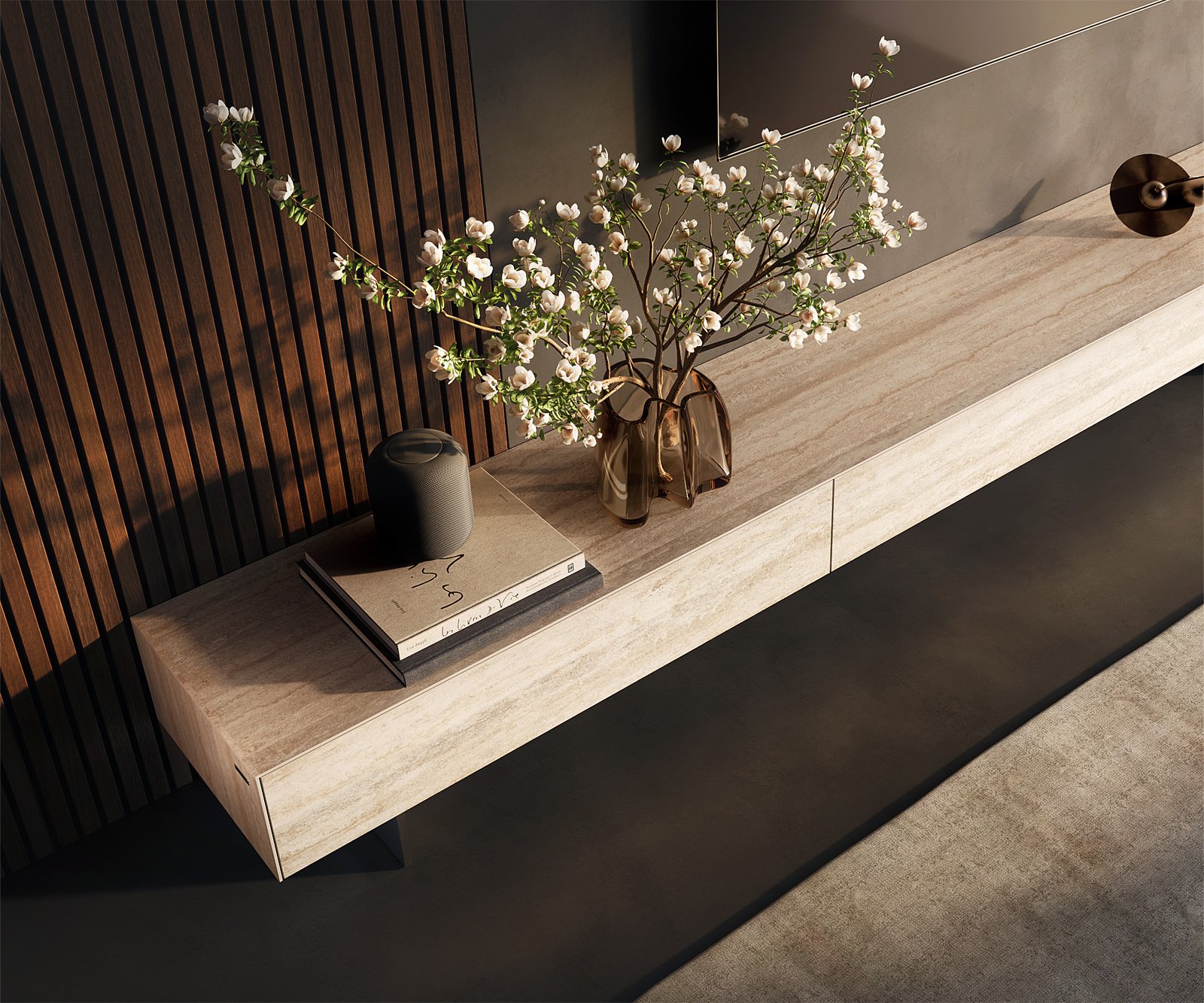 TV stolík Cuor 250 cm keramika Laminam® Travertino Bianco krémovo biela 1 výklopné dvierka 1 zásuvka podstava závesná nerezová oceľ - Image 4