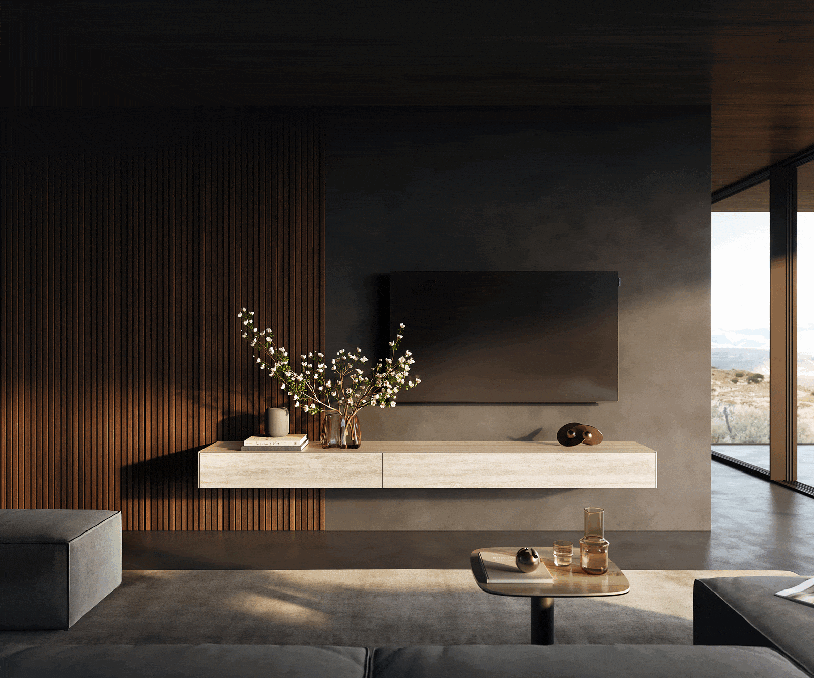 TV stolík Cuor 250 cm keramika Laminam® Travertino Bianco krémovo biela 1 výklopné dvierka 1 zásuvka závesné - Image 2