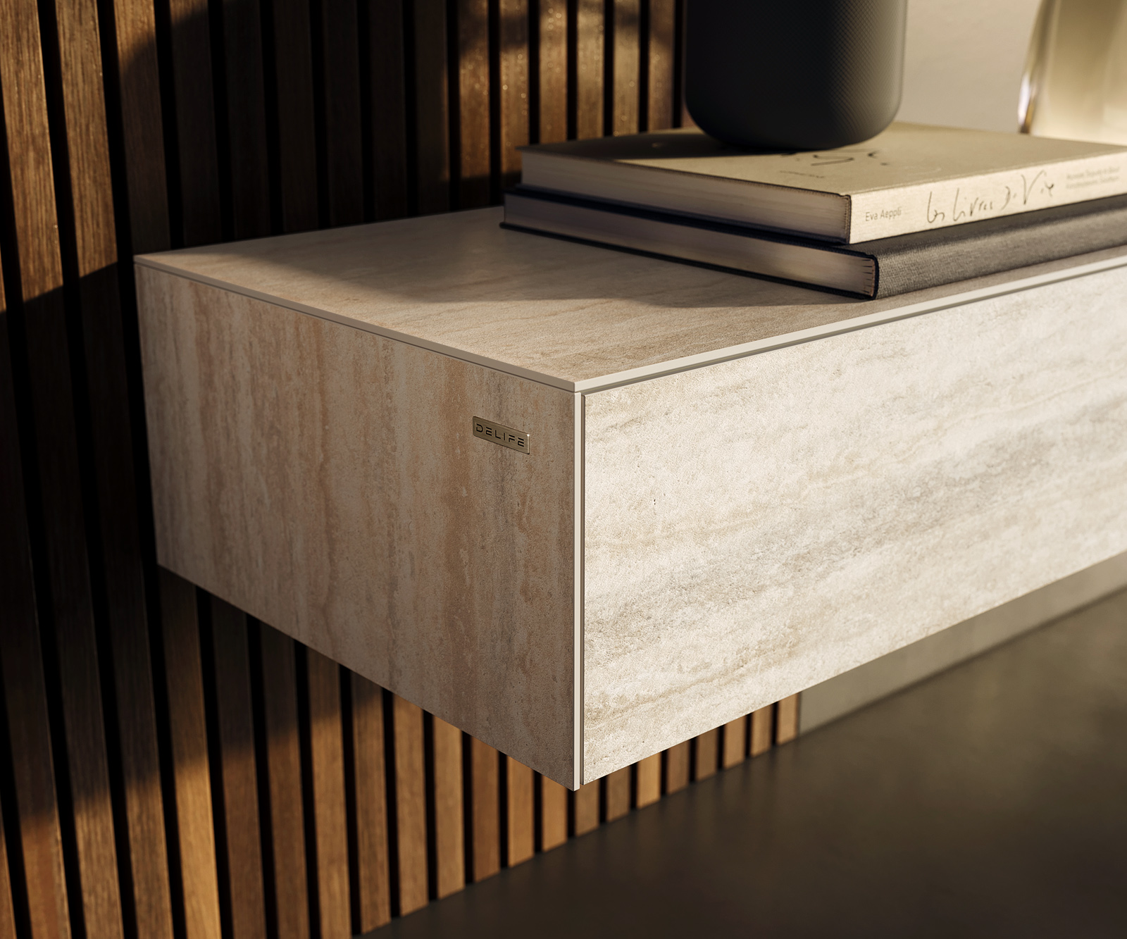 TV stolík Cuor 250 cm keramika Laminam® Travertino Bianco krémovo biela 1 výklopné dvierka 1 zásuvka závesné - Image 6