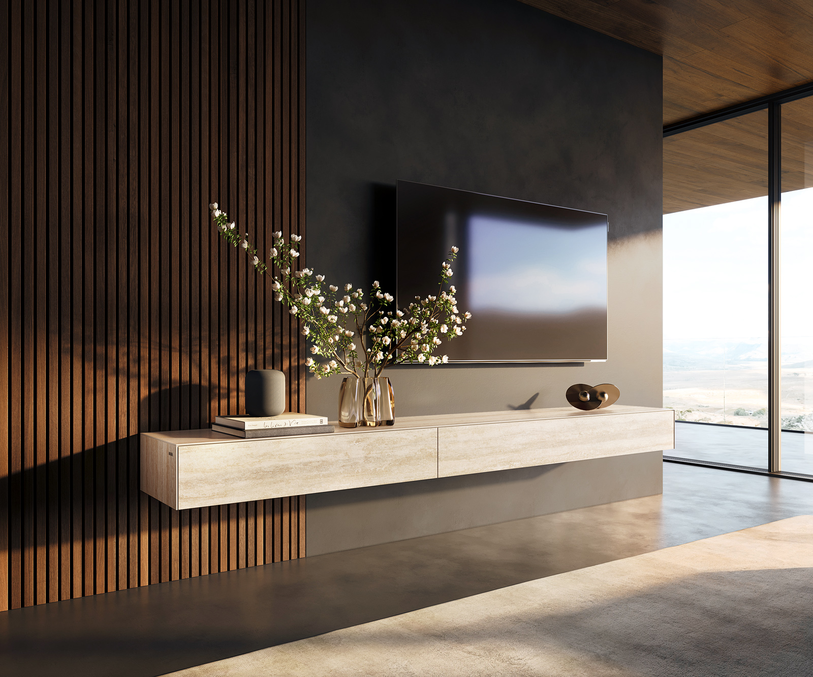 TV stolík Cuor 250 cm keramika Laminam® Travertino Bianco krémovo biela 1 výklopné dvierka 1 zásuvka závesné