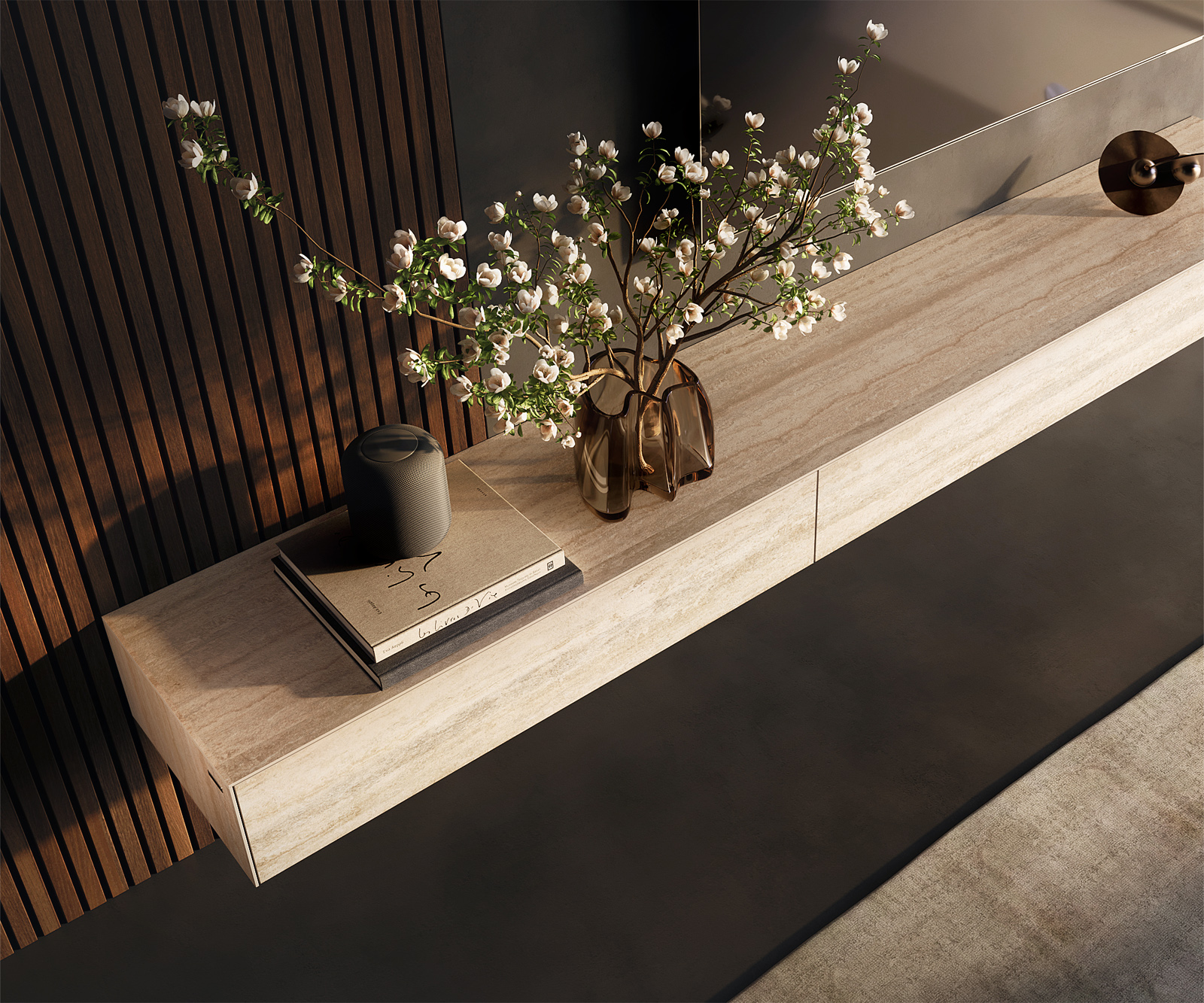 TV stolík Cuor 250 cm keramika Laminam® Travertino Bianco krémovo biela 1 výklopné dvierka 1 zásuvka závesné - Image 4