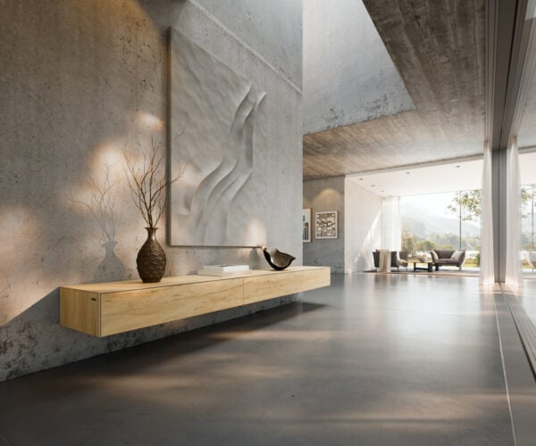 TV stolík Cuor 250 cm keramika Laminam® sabbia v dubovej farbe 1 výklopné dvierka 1 zásuvka závesný