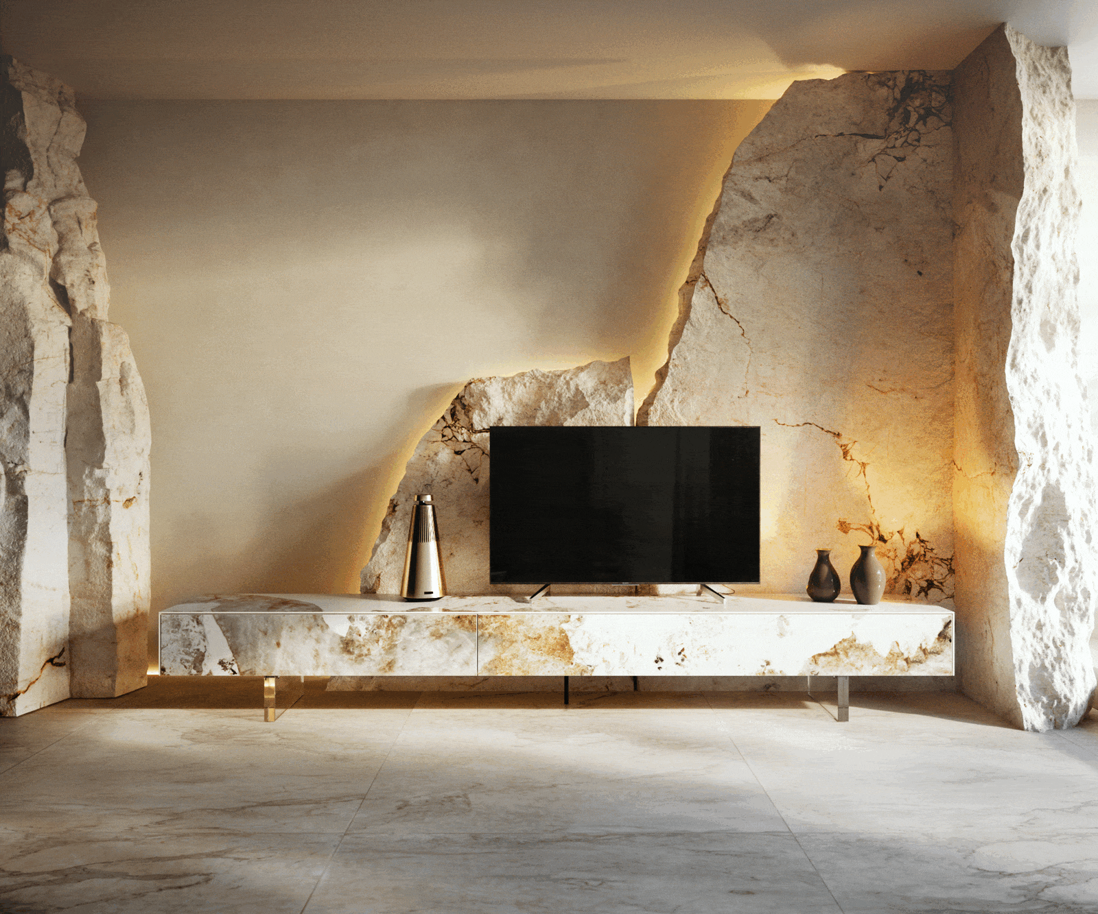 TV stolík Cuor 250 cm keramika Minas Melange bielo-béžová 1 výklopné dvierka 1 zásuvka podstava závesná akrylové sklo - Image 6