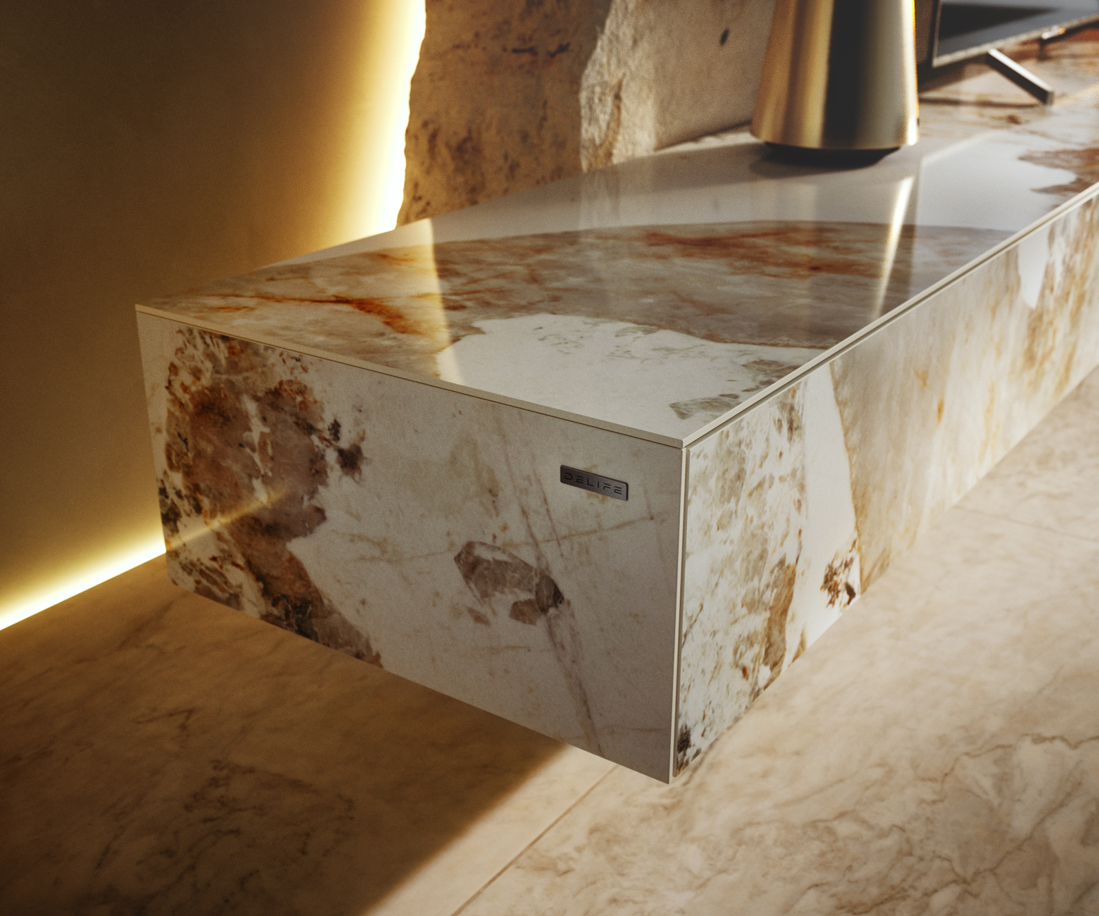 TV stolík Cuor 250 cm keramika Minas Melange bielo-béžová 1 výklopné dvierka 1 zásuvka podstava závesná akrylové sklo - Image 7