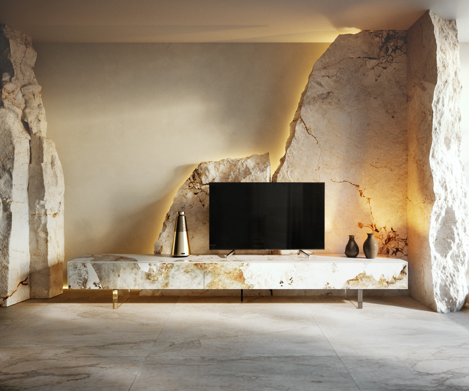 TV stolík Cuor 250 cm keramika Minas Melange bielo-béžová 1 výklopné dvierka 1 zásuvka podstava závesná akrylové sklo