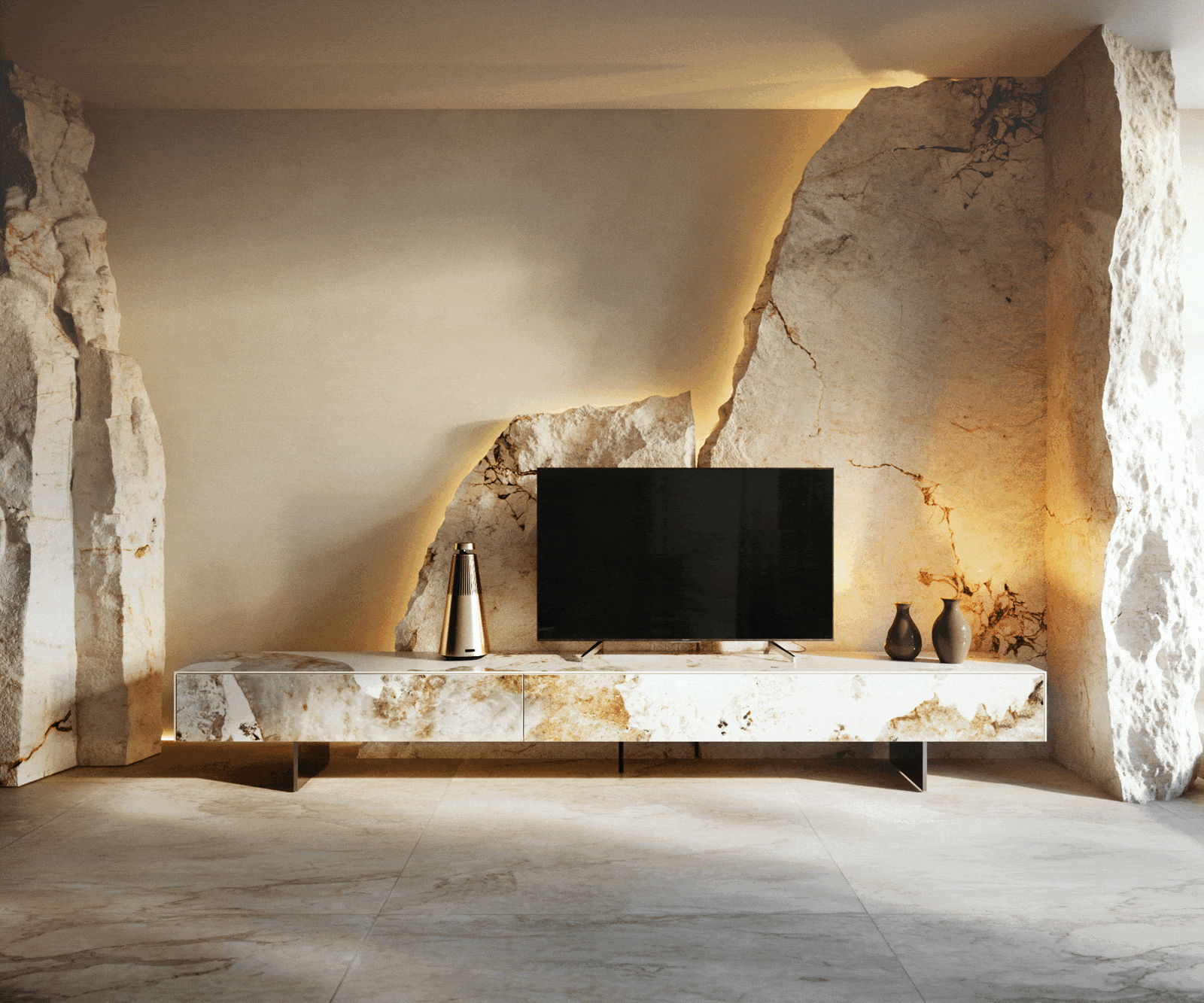 TV stolík Cuor 250 cm keramika Minas Melange bielo-béžová 1 výklopné dvierka 1 zásuvka podstava závesná nerezová oceľ - Image 6