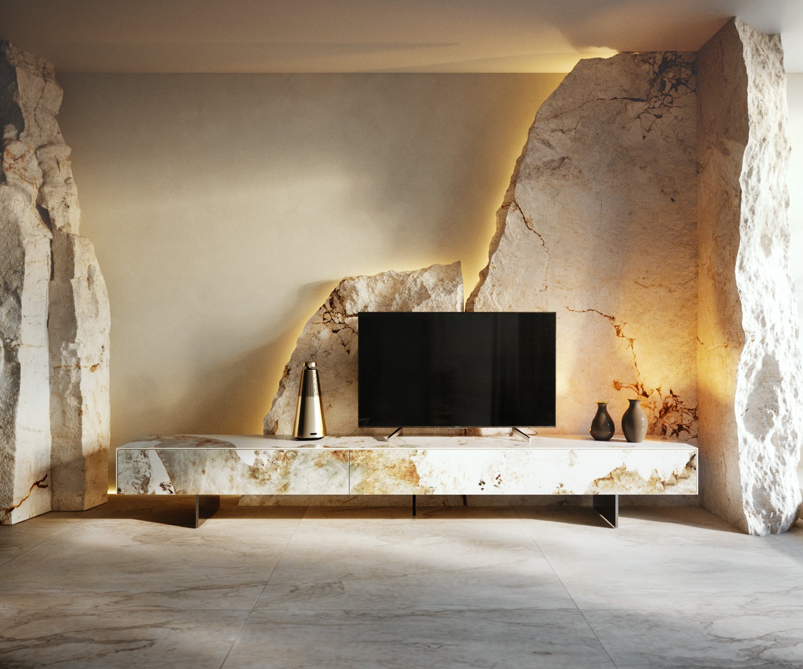 TV stolík Cuor 250 cm keramika Minas Melange bielo-béžová 1 výklopné dvierka 1 zásuvka podstava závesná nerezová oceľ