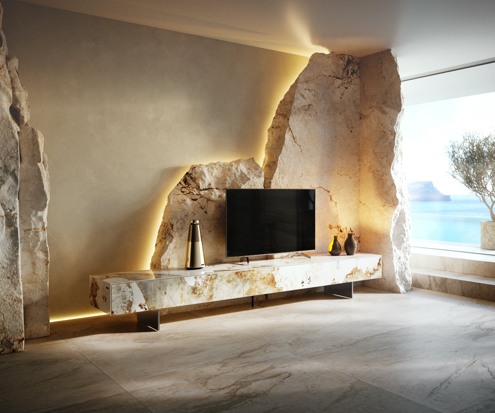 TV stolík Cuor 250 cm keramika Minas Melange bielo-béžová 1 výklopné dvierka 1 zásuvka podstava závesná nerezová oceľ - Image 2