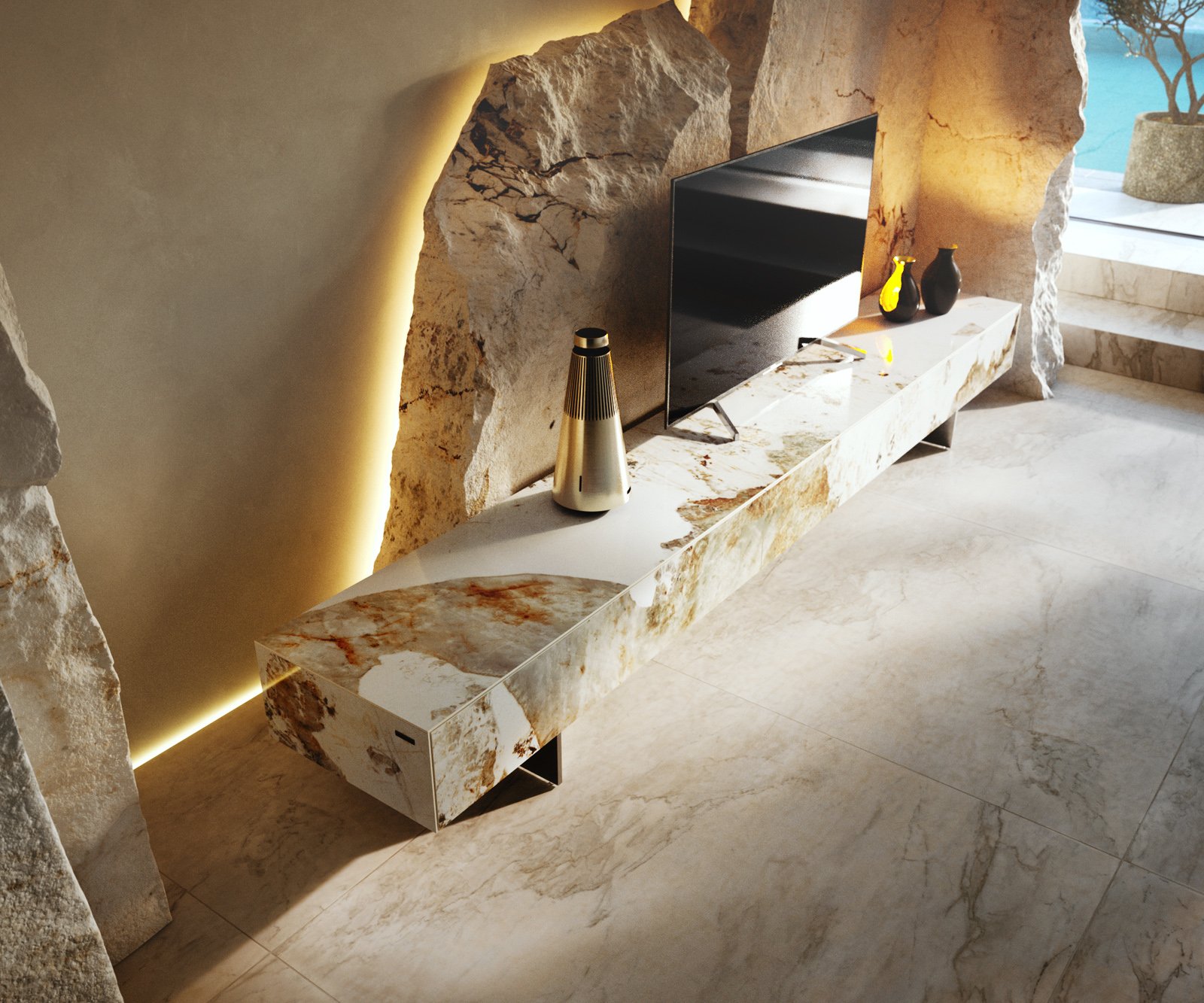 TV stolík Cuor 250 cm keramika Minas Melange bielo-béžová 1 výklopné dvierka 1 zásuvka podstava závesná nerezová oceľ - Image 4