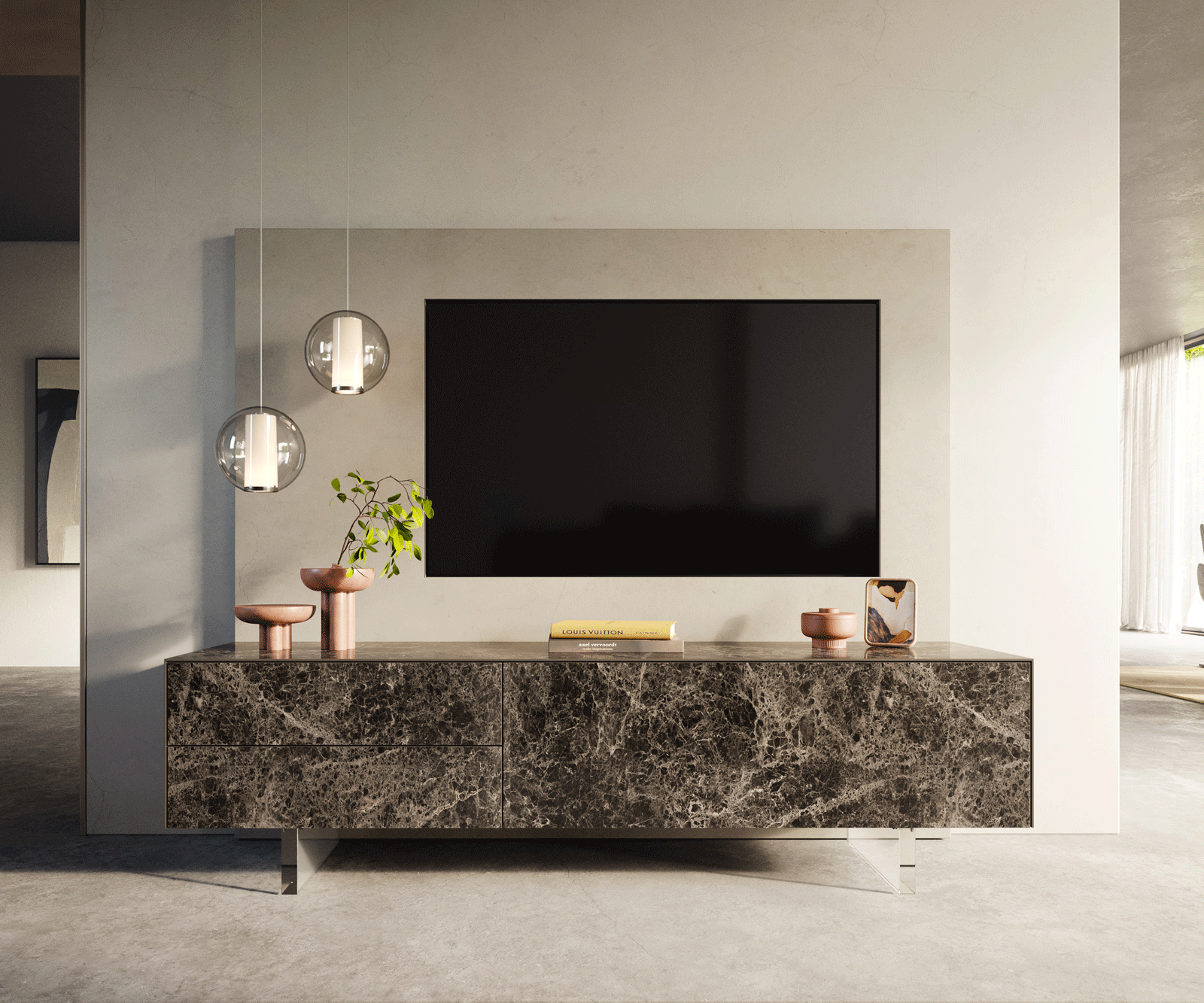 TV stolík Cuor 180 cm keramika Laminam® Emperador Extra Lucidato tmavohnedá 1 výklopné dvierka 2 zásuvky podstava závesné akrylové sklo - Image 2