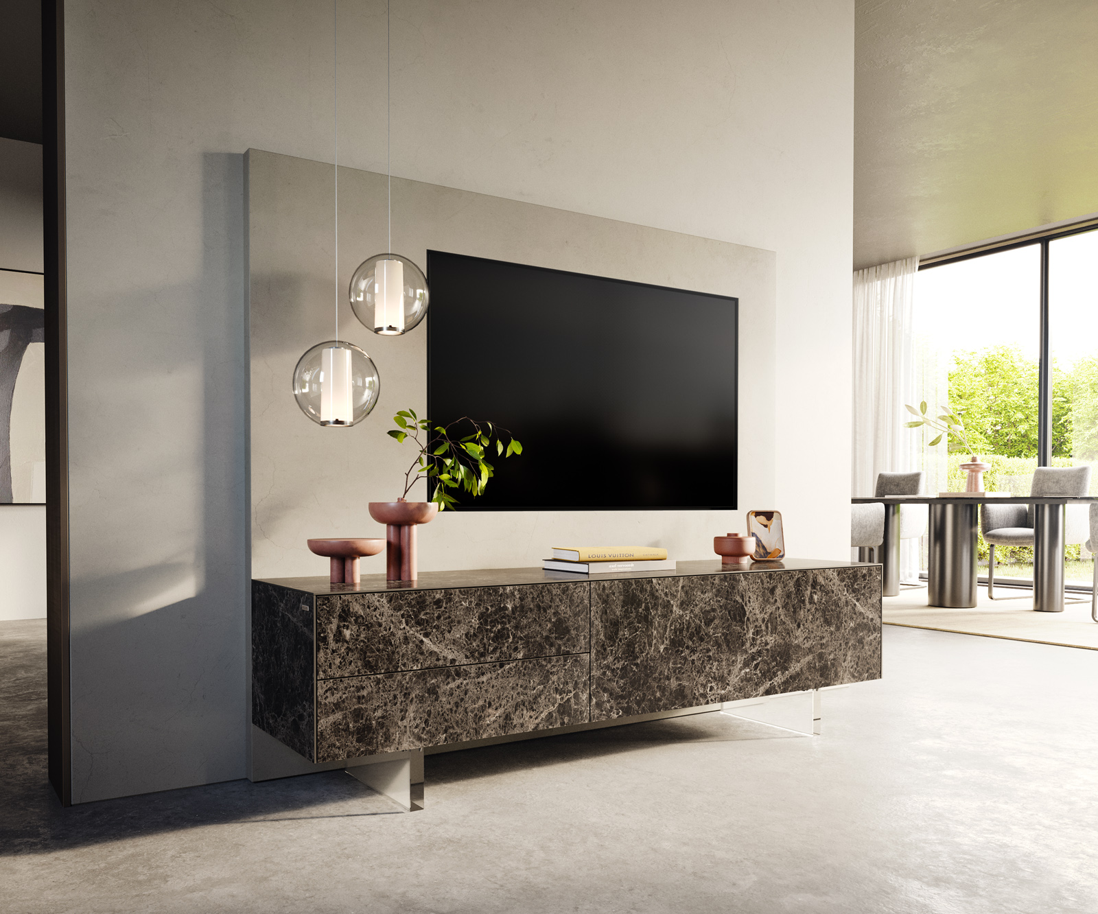 TV stolík Cuor 180 cm keramika Laminam® Emperador Extra Lucidato tmavohnedá 1 výklopné dvierka 2 zásuvky podstava závesné akrylové sklo