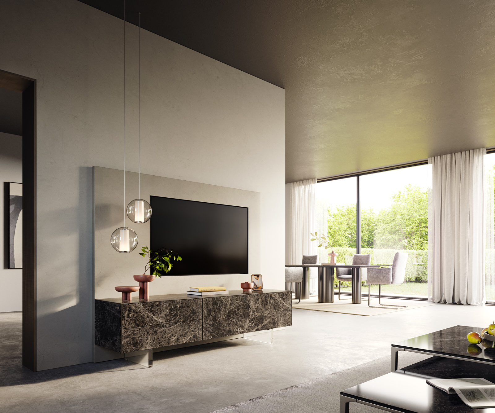 TV stolík Cuor 180 cm keramika Laminam® Emperador Extra Lucidato tmavohnedá 1 výklopné dvierka 2 zásuvky podstava závesné akrylové sklo - Image 7