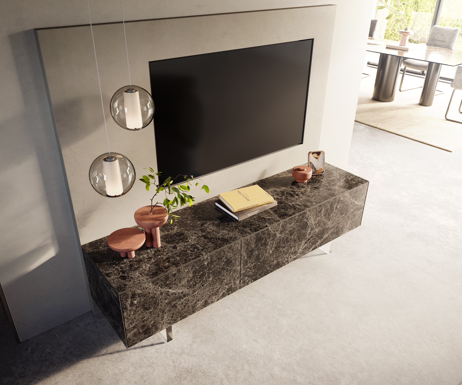 TV stolík Cuor 180 cm keramika Laminam® Emperador Extra Lucidato tmavohnedá 1 výklopné dvierka 2 zásuvky podstava závesné akrylové sklo - Image 4