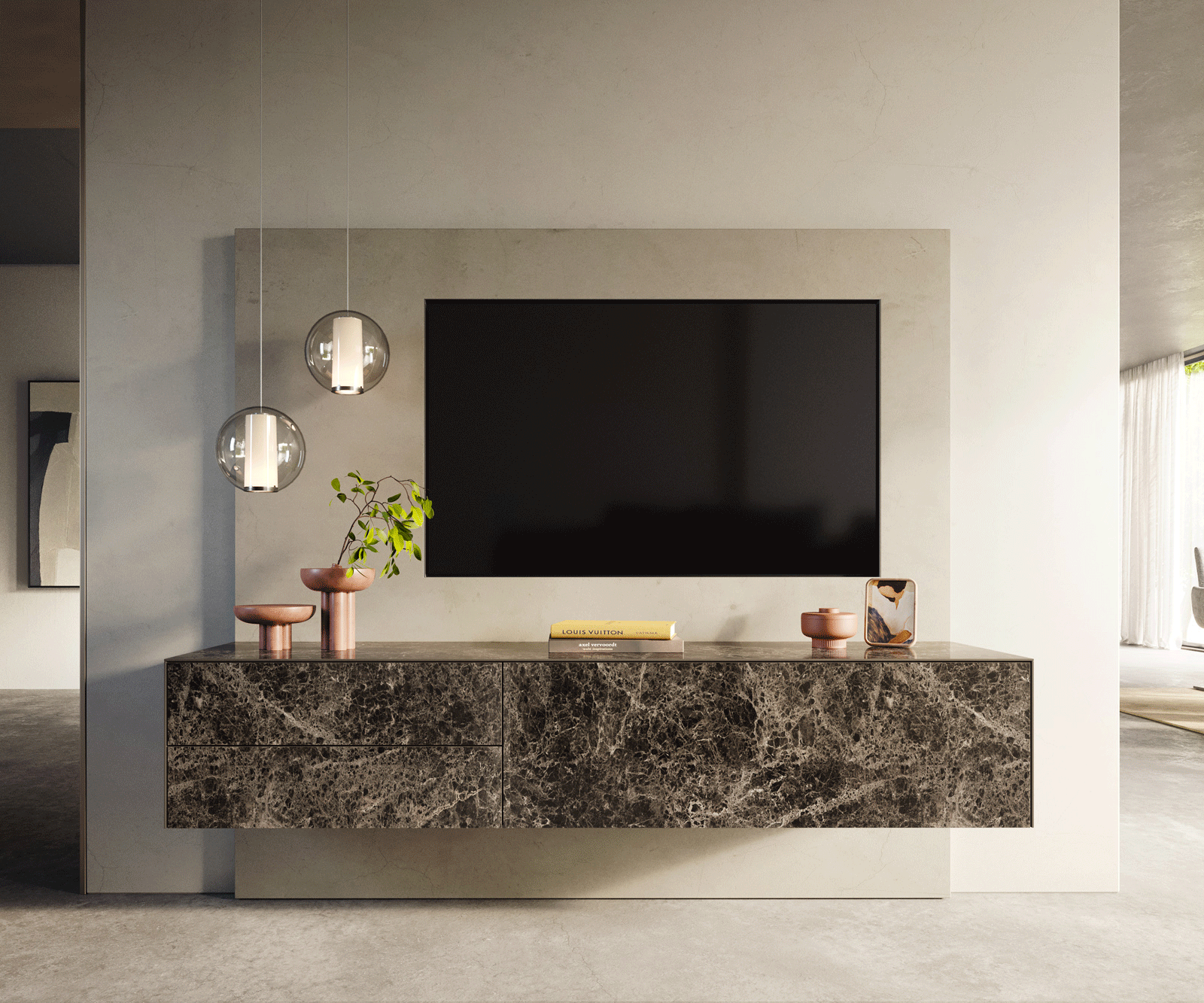TV stolík Cuor 180 cm keramika Laminam® Emperador Extra Lucidato tmavohnedá 1 výklopné dvierka 2 zásuvky závesné - Image 2