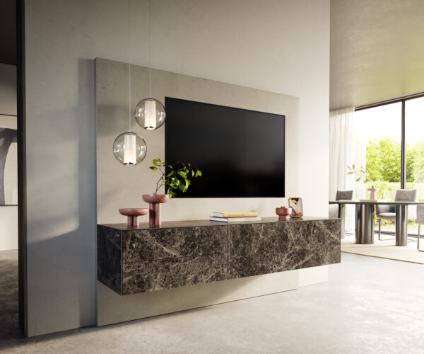 TV stolík Cuor 180 cm keramika Laminam® Emperador Extra Lucidato tmavohnedá 1 výklopné dvierka 2 zásuvky závesné