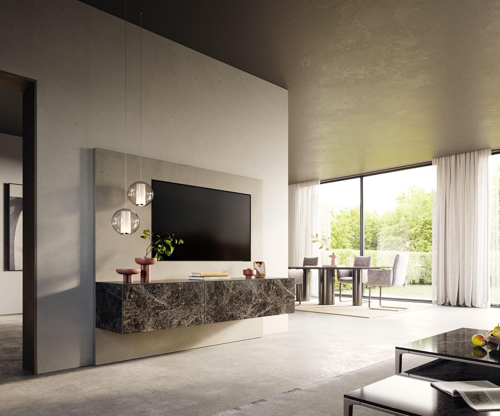 TV stolík Cuor 180 cm keramika Laminam® Emperador Extra Lucidato tmavohnedá 1 výklopné dvierka 2 zásuvky závesné - Image 7