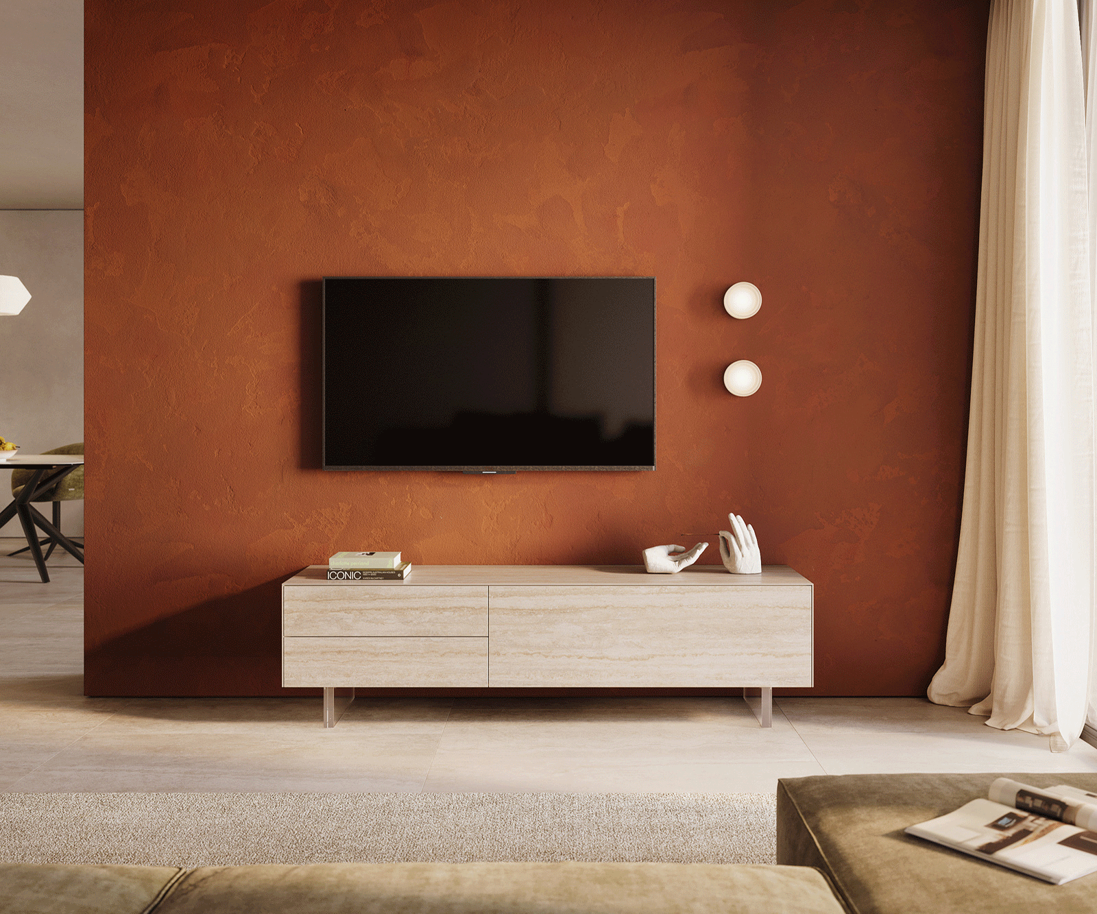 TV stolík Cuor 180 cm keramika Laminam® Travertino Bianco krémovo biela 1 výklopné dvierka 2 zásuvky podstava závesná akrylové sklo - Image 2