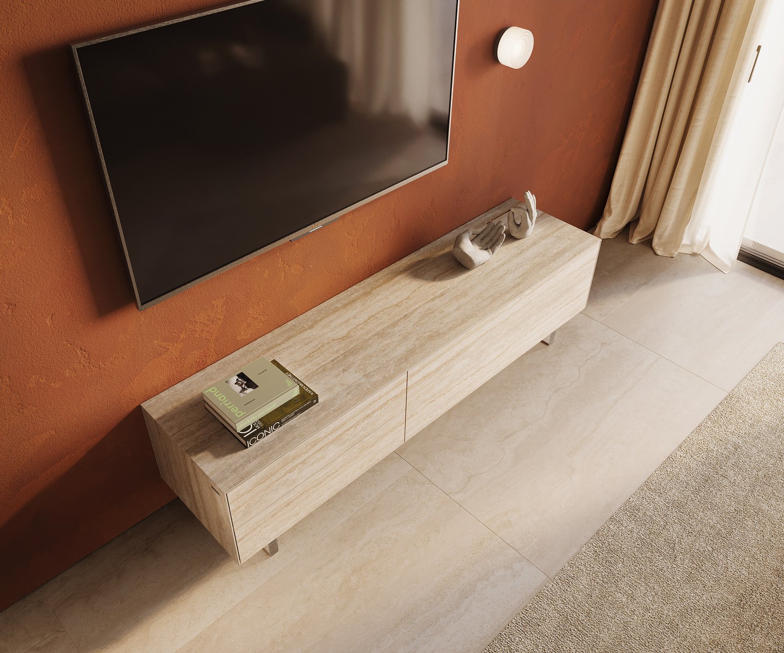 TV stolík Cuor 180 cm keramika Laminam® Travertino Bianco krémovo biela 1 výklopné dvierka 2 zásuvky podstava závesná akrylové sklo - Image 4