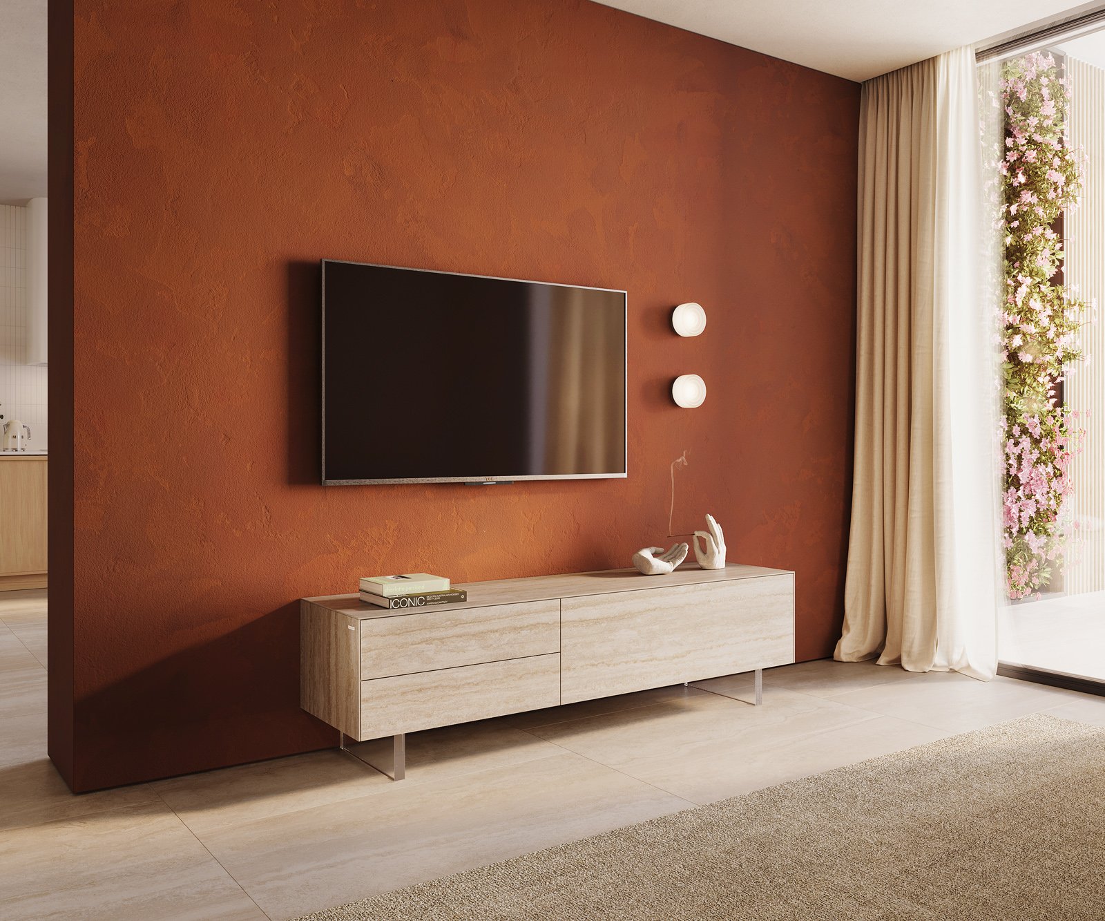 TV stolík Cuor 180 cm keramika Laminam® Travertino Bianco krémovo biela 1 výklopné dvierka 2 zásuvky podstava závesná akrylové sklo