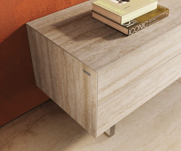 TV stolík Cuor 180 cm keramika Laminam® Travertino Bianco krémovo biela 1 výklopné dvierka 2 zásuvky podstava závesná akrylové sklo - Image 6