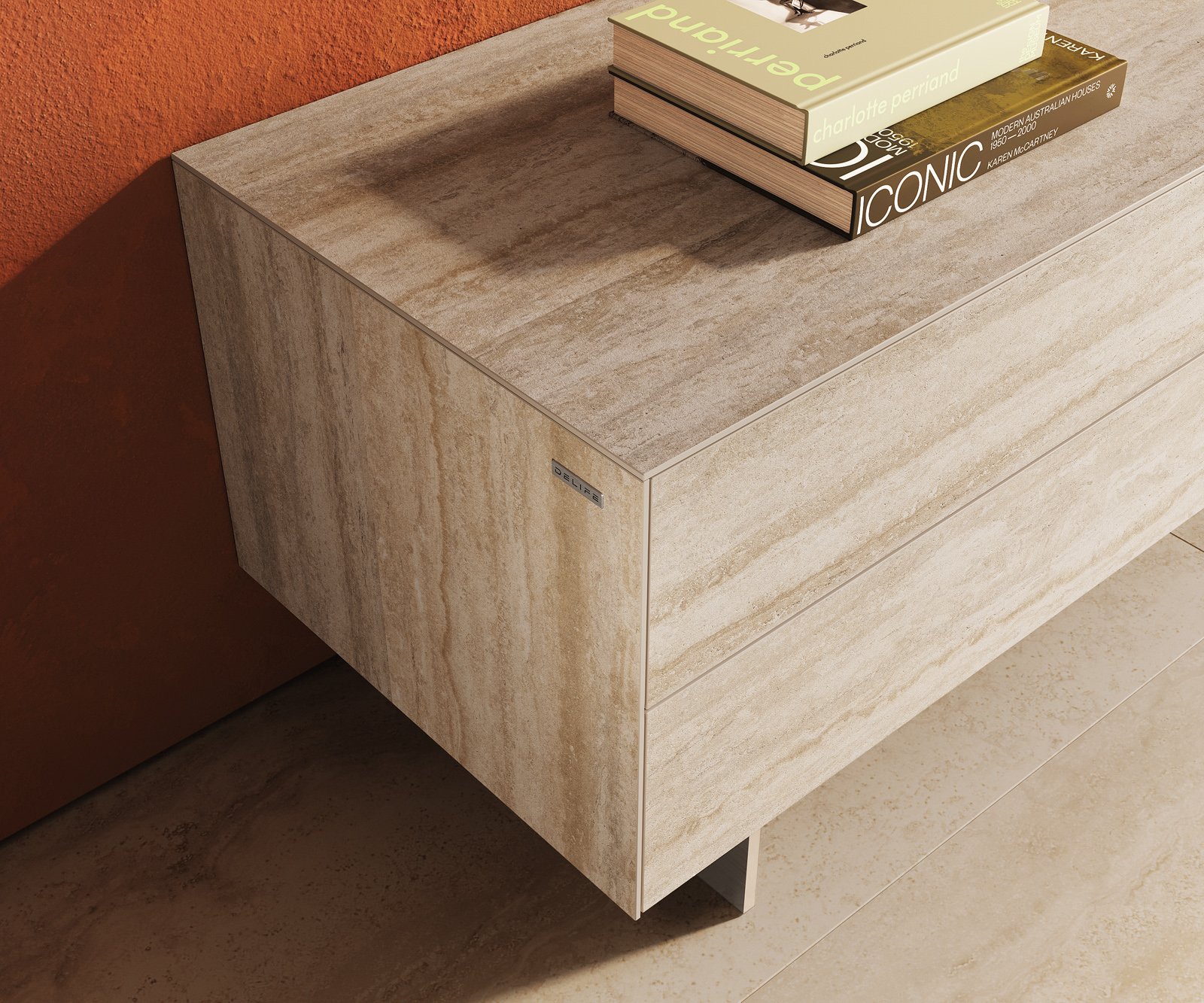 TV stolík Cuor 180 cm keramika Laminam® Travertino Bianco krémovo biela 1 výklopné dvierka 2 zásuvky podstava závesná nerezová oceľ - Image 6