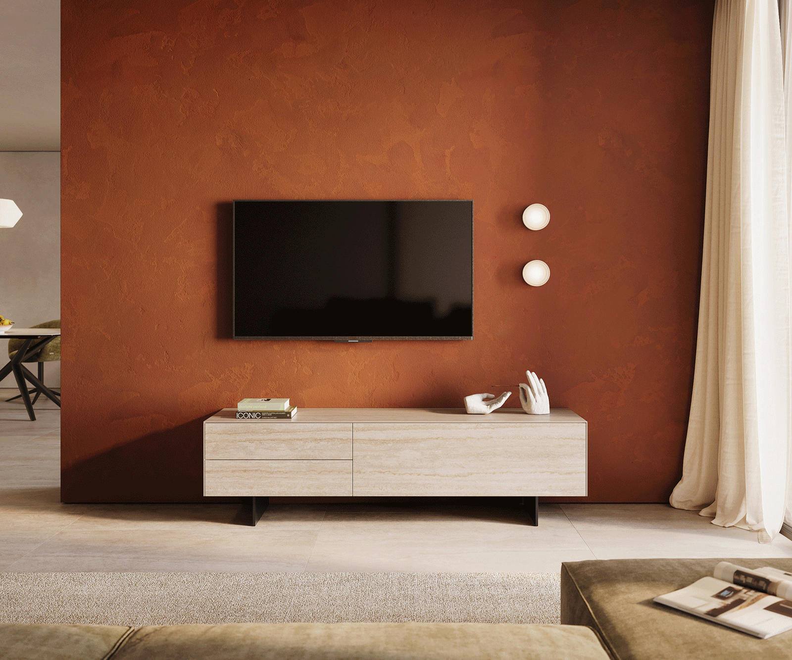 TV stolík Cuor 180 cm keramika Laminam® Travertino Bianco krémovo biela 1 výklopné dvierka 2 zásuvky podstava závesná kov čierna - Image 2