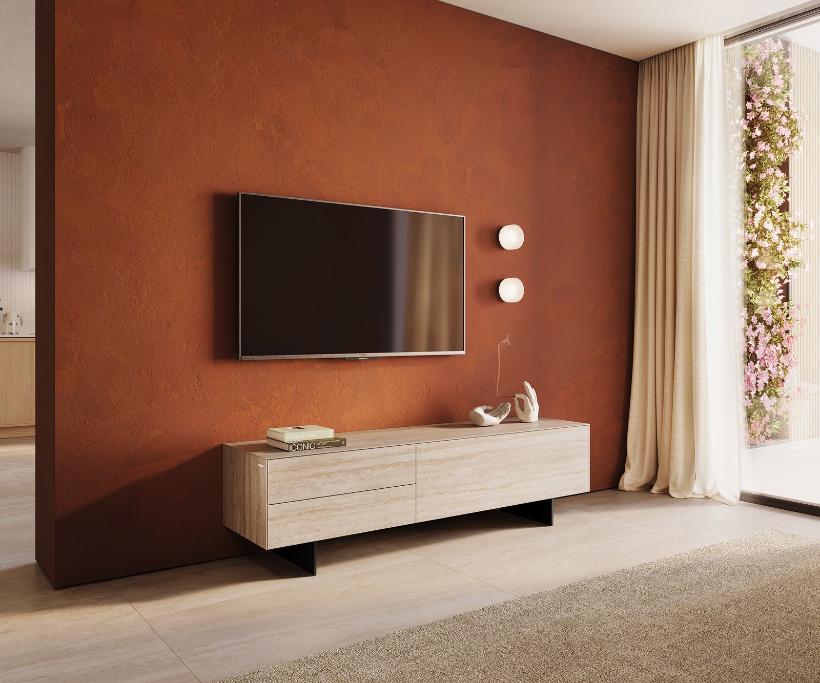 TV stolík Cuor 180 cm keramika Laminam® Travertino Bianco krémovo biela 1 výklopné dvierka 2 zásuvky podstava závesná kov čierna
