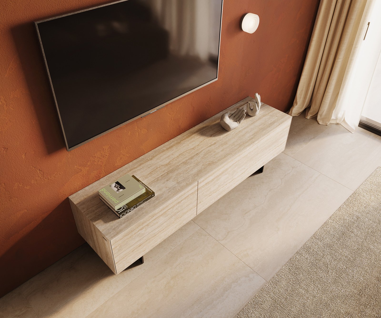 TV stolík Cuor 180 cm keramika Laminam® Travertino Bianco krémovo biela 1 výklopné dvierka 2 zásuvky podstava závesná kov čierna - Image 4