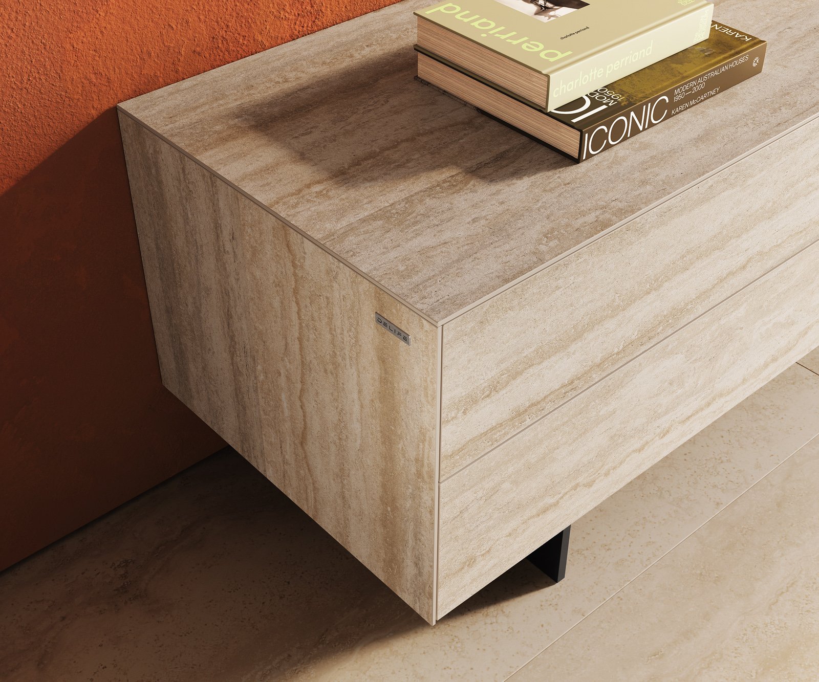 TV stolík Cuor 180 cm keramika Laminam® Travertino Bianco krémovo biela 1 výklopné dvierka 2 zásuvky podstava závesná kov čierna - Image 6