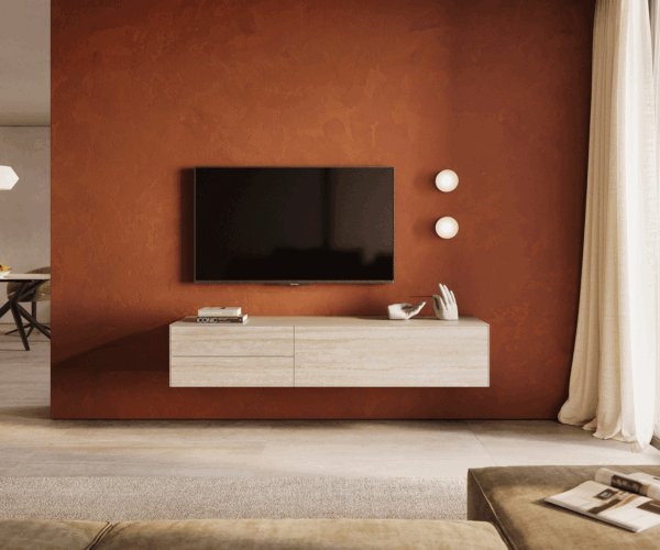 TV stolík Cuor 180 cm keramika Laminam® Travertino Bianco krémovo biela 1 výklopné dvierka 2 zásuvky závesné - Image 2