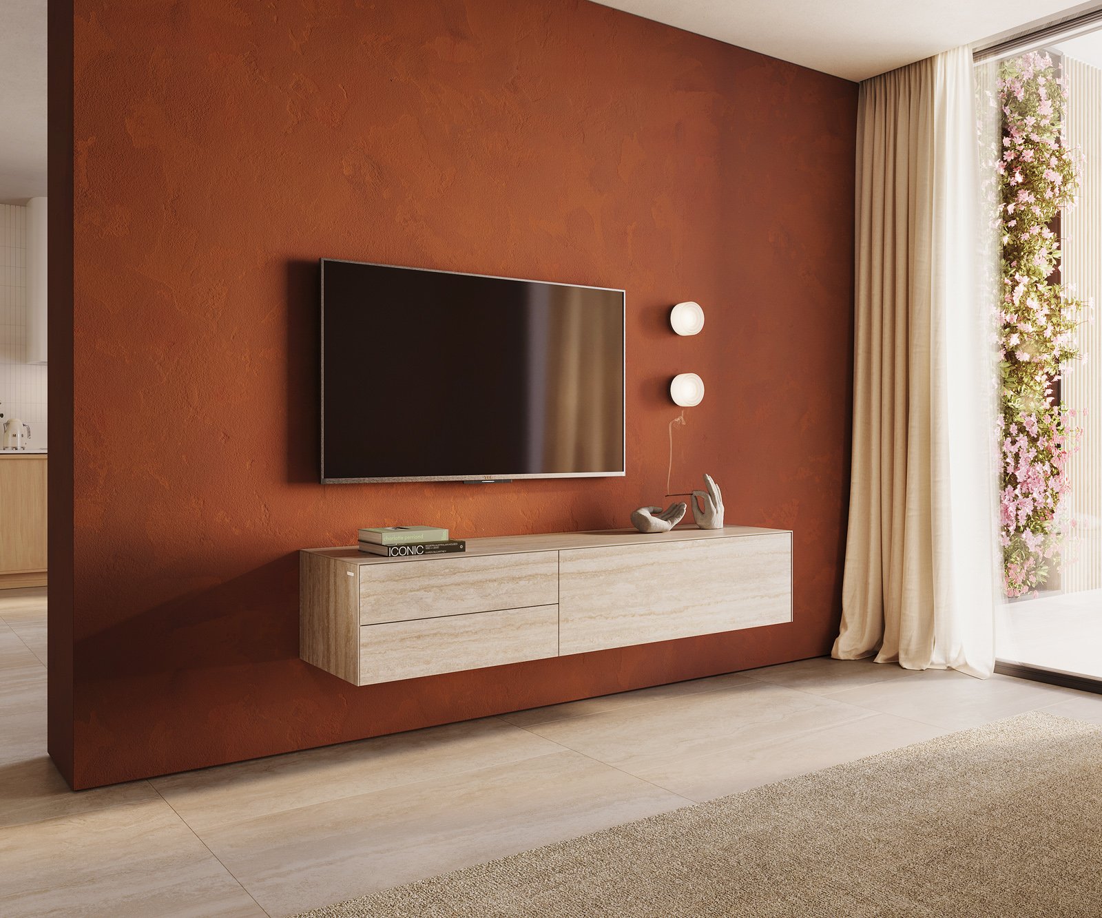 TV stolík Cuor 180 cm keramika Laminam® Travertino Bianco krémovo biela 1 výklopné dvierka 2 zásuvky závesné