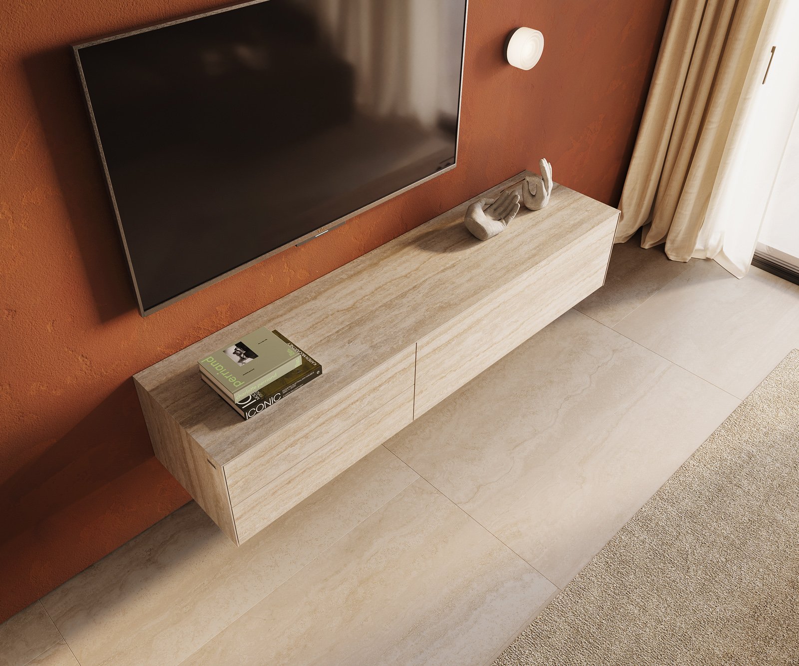 TV stolík Cuor 180 cm keramika Laminam® Travertino Bianco krémovo biela 1 výklopné dvierka 2 zásuvky závesné - Image 4