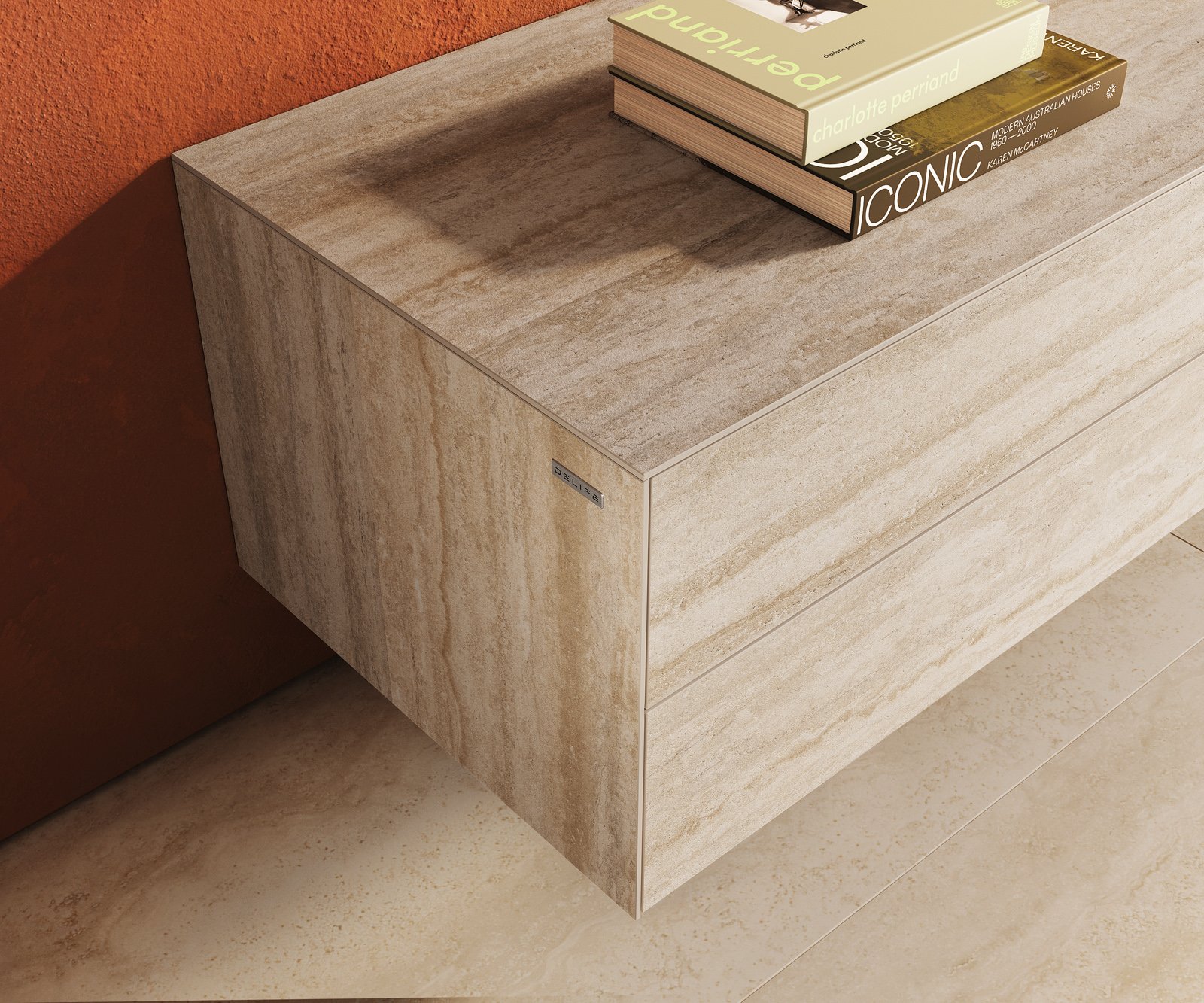 TV stolík Cuor 180 cm keramika Laminam® Travertino Bianco krémovo biela 1 výklopné dvierka 2 zásuvky závesné - Image 6