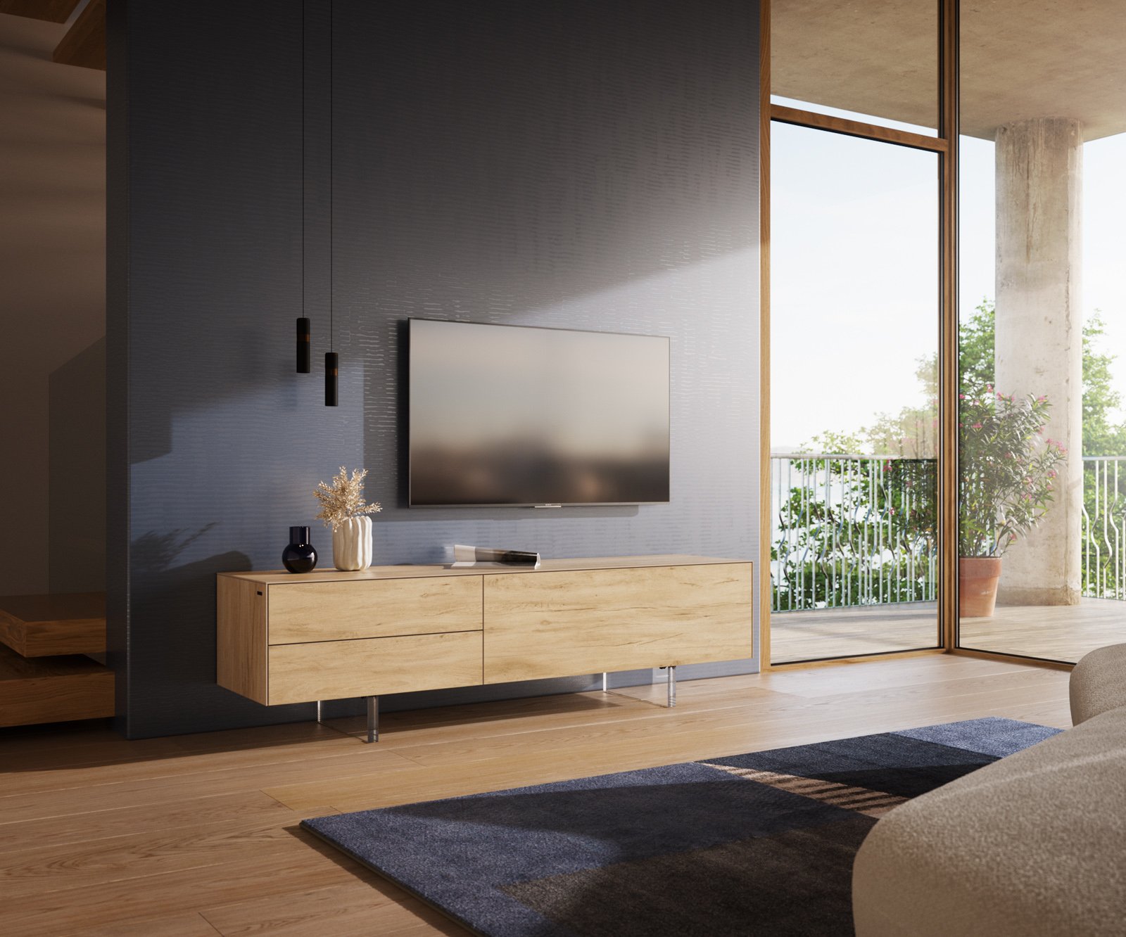TV stolík Cuor 180 cm keramika Laminam® Sabbia dubová farba 1 výklopné dvierka 2 zásuvky podstava závesná akrylové sklo