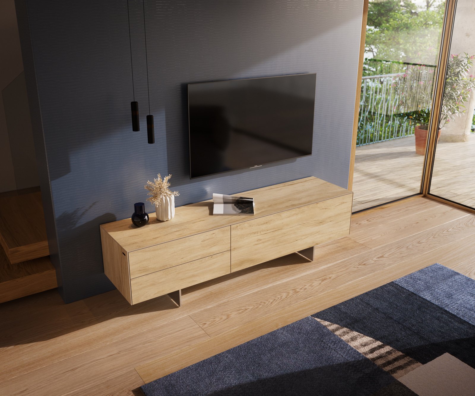 TV stolík Cuor 180 cm keramika Laminam® Sabbia dubová farba 1 výklopné dvierka 2 zásuvky podstava závesná nerezová oceľ - Image 4