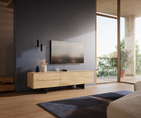 TV stolík Cuor 180 cm keramika Laminam® Sabbia dubová farba 1 výklopné dvierka 2 zásuvky podstava závesná kov čierna
