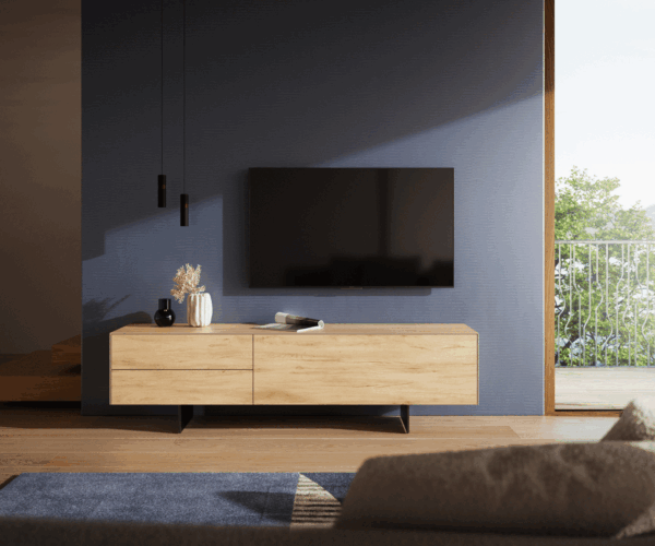 TV stolík Cuor 180 cm keramika Laminam® Sabbia dubová farba 1 výklopné dvierka 2 zásuvky podstava závesná kov čierna - Image 2